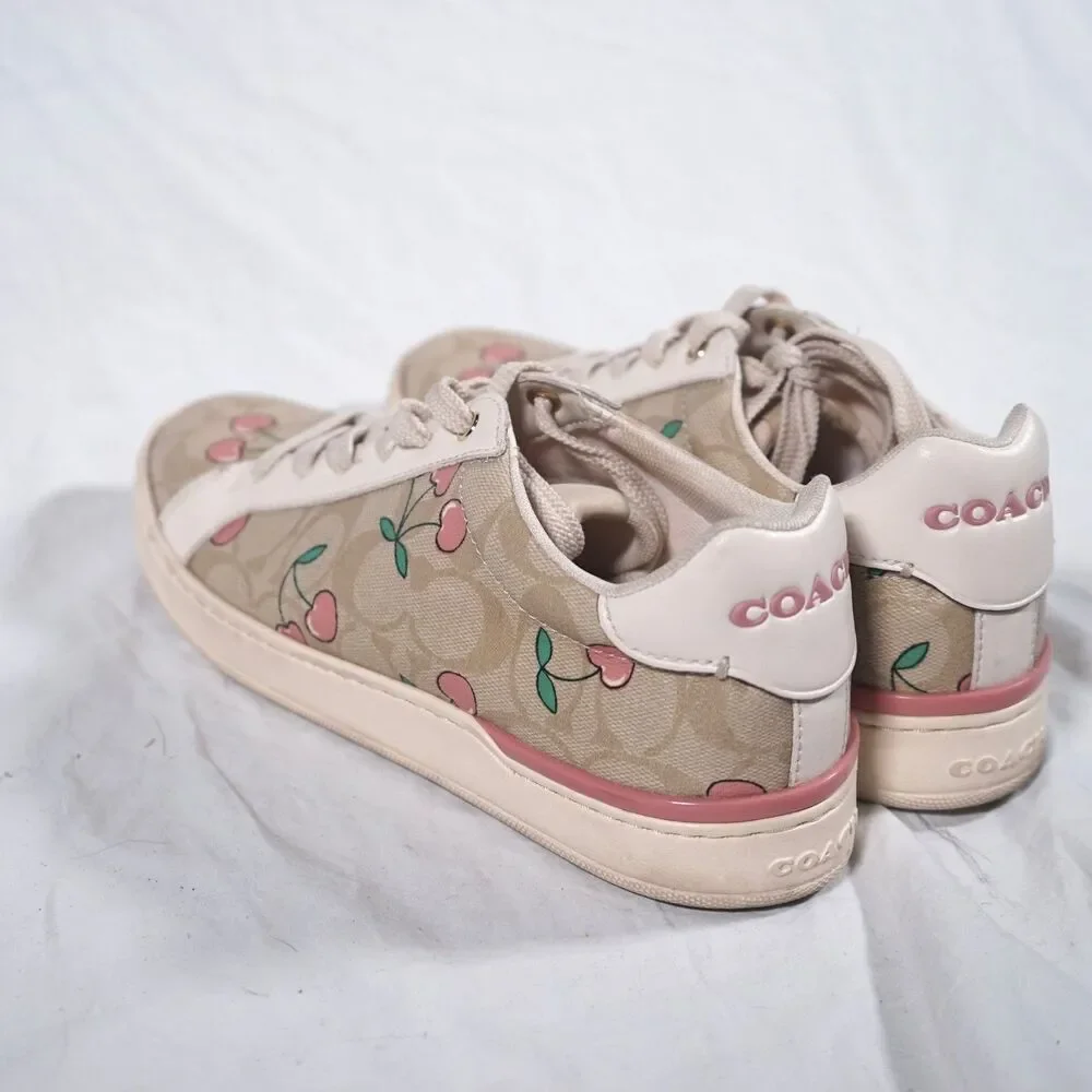Coach Cherry All Over Print Sneakers Tan Beige Pink Women's 8.5B RARE